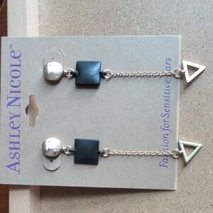 Geometric Black and Gold Earrings with Chain Detail